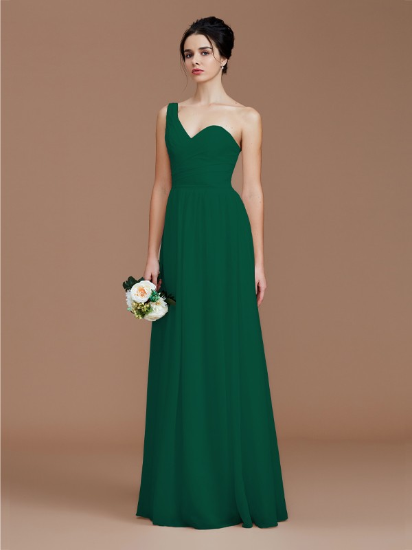 A-Line/Princess One-Shoulder Sleeveless Ruched Floor-Length Chiffon Bridesmaid Dresses 2414