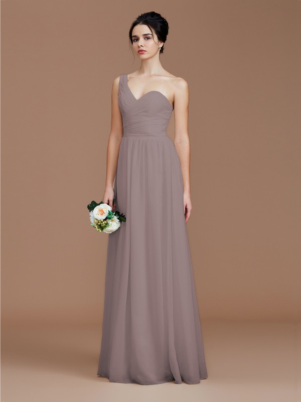 A-Line/Princess One-Shoulder Sleeveless Ruched Floor-Length Chiffon Bridesmaid Dresses 2414