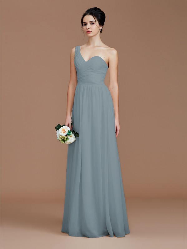 A-Line/Princess One-Shoulder Sleeveless Ruched Floor-Length Chiffon Bridesmaid Dresses 2414