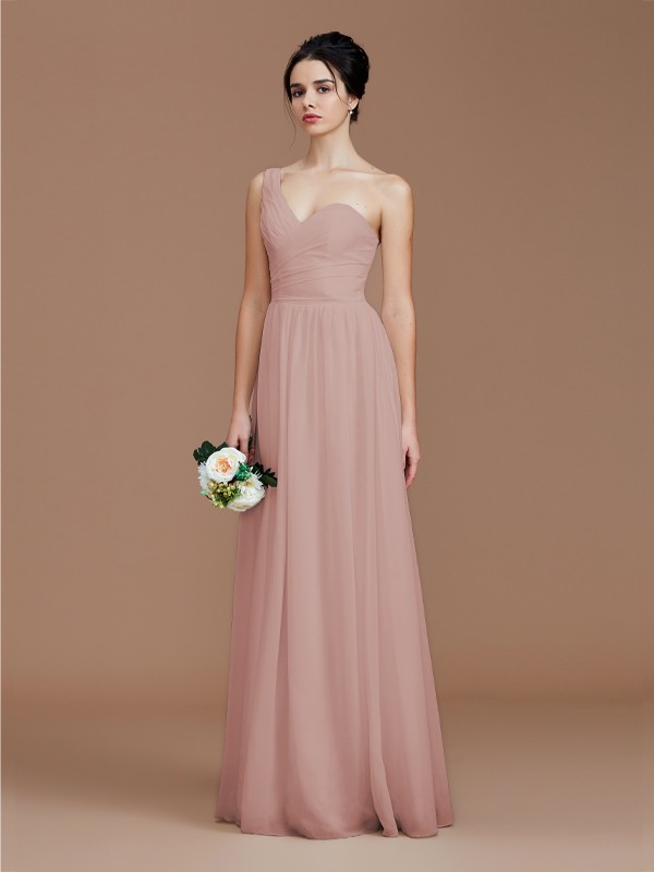 A-Line/Princess One-Shoulder Sleeveless Ruched Floor-Length Chiffon Bridesmaid Dresses 2414