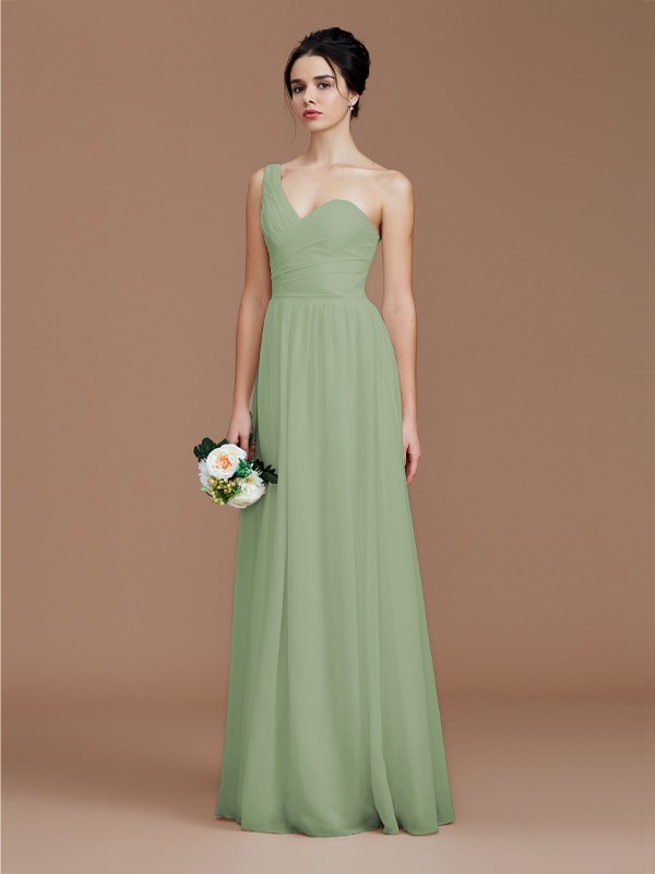 A-Line/Princess One-Shoulder Sleeveless Ruched Floor-Length Chiffon Bridesmaid Dresses 2414