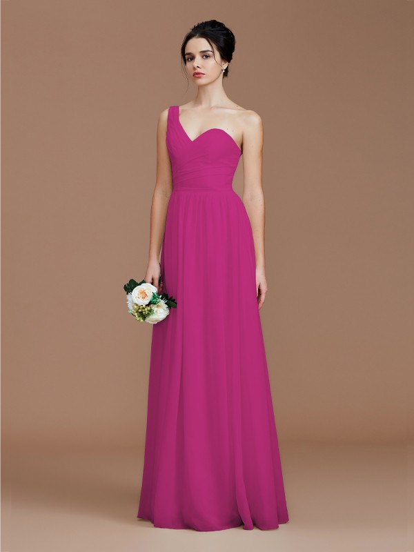 A-Line/Princess One-Shoulder Sleeveless Ruched Floor-Length Chiffon Bridesmaid Dresses 2414