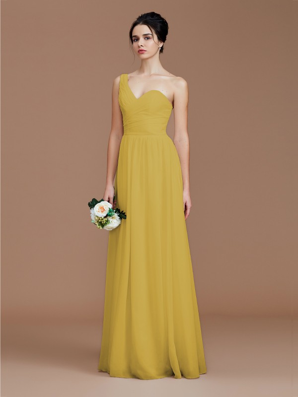 A-Line/Princess One-Shoulder Sleeveless Ruched Floor-Length Chiffon Bridesmaid Dresses 2414