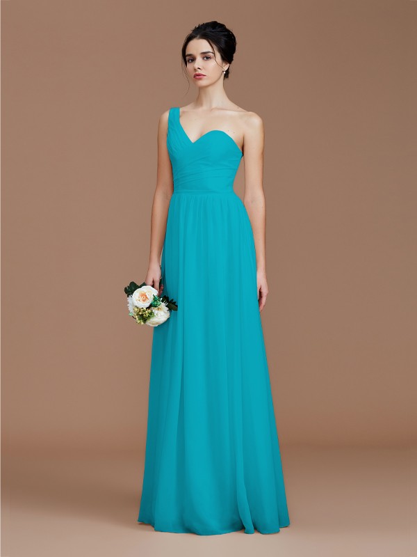 A-Line/Princess One-Shoulder Sleeveless Ruched Floor-Length Chiffon Bridesmaid Dresses 2414