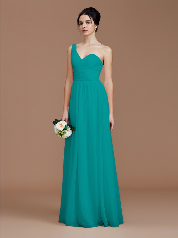 A-Line/Princess One-Shoulder Sleeveless Ruched Floor-Length Chiffon Bridesmaid Dresses 2414