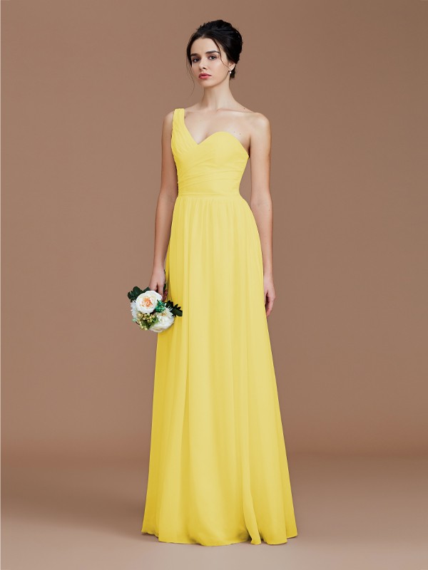 A-Line/Princess One-Shoulder Sleeveless Ruched Floor-Length Chiffon Bridesmaid Dresses 2414