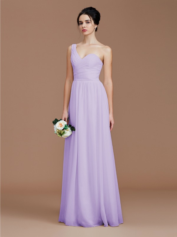 A-Line/Princess One-Shoulder Sleeveless Ruched Floor-Length Chiffon Bridesmaid Dresses 2414