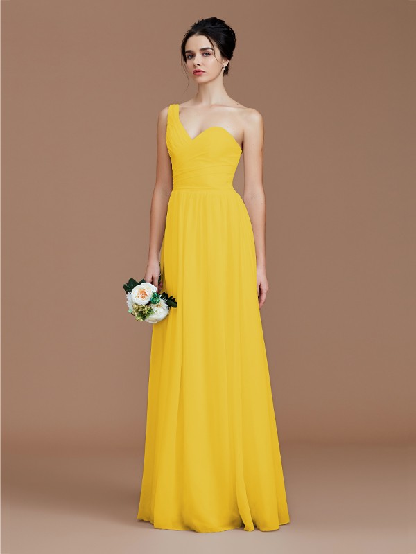 A-Line/Princess One-Shoulder Sleeveless Ruched Floor-Length Chiffon Bridesmaid Dresses 2414