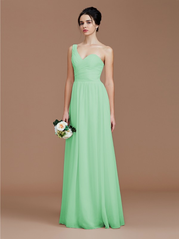 A-Line/Princess One-Shoulder Sleeveless Ruched Floor-Length Chiffon Bridesmaid Dresses 2414