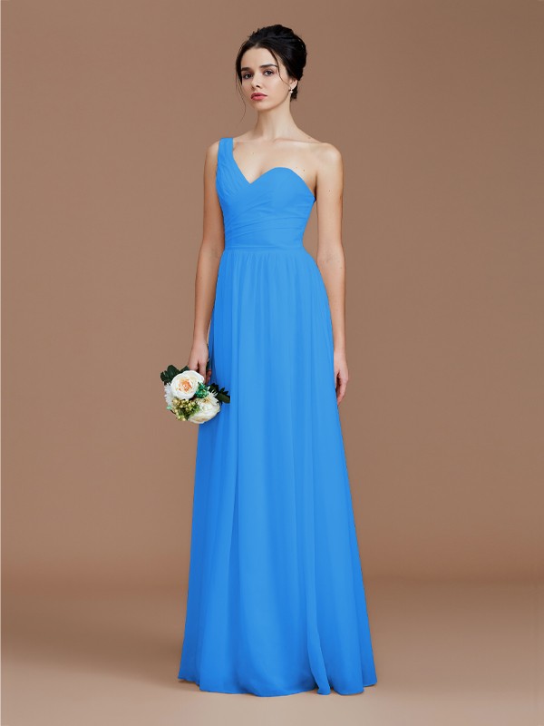 A-Line/Princess One-Shoulder Sleeveless Ruched Floor-Length Chiffon Bridesmaid Dresses 2414