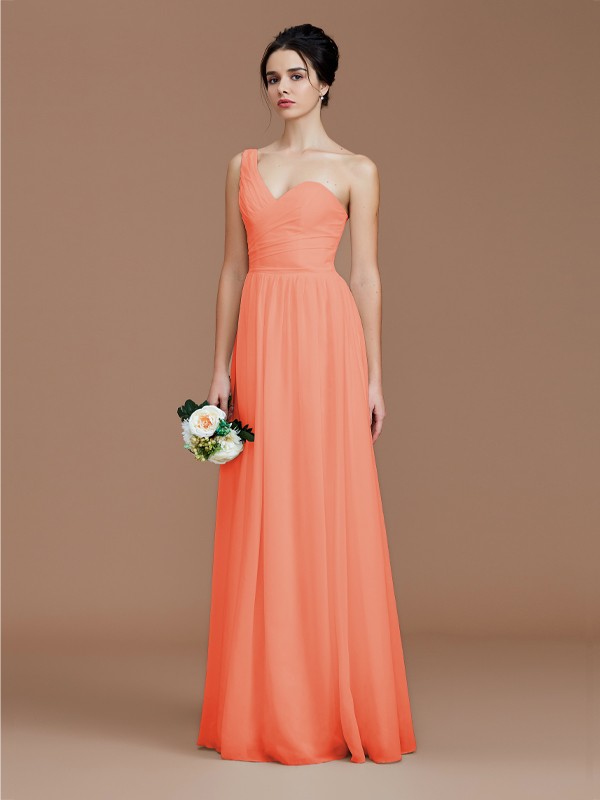 A-Line/Princess One-Shoulder Sleeveless Ruched Floor-Length Chiffon Bridesmaid Dresses 2414