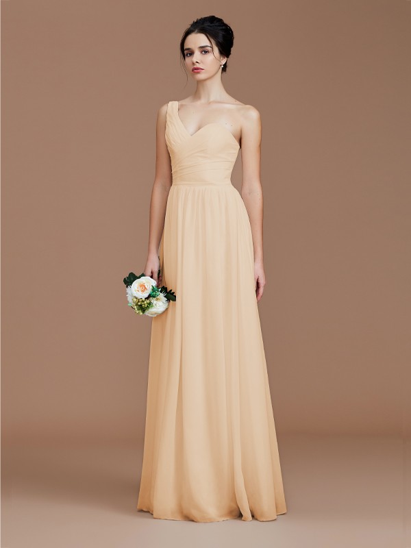 A-Line/Princess One-Shoulder Sleeveless Ruched Floor-Length Chiffon Bridesmaid Dresses 2414