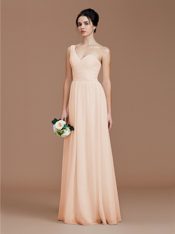 A-Line/Princess One-Shoulder Sleeveless Ruched Floor-Length Chiffon Bridesmaid Dresses 2414