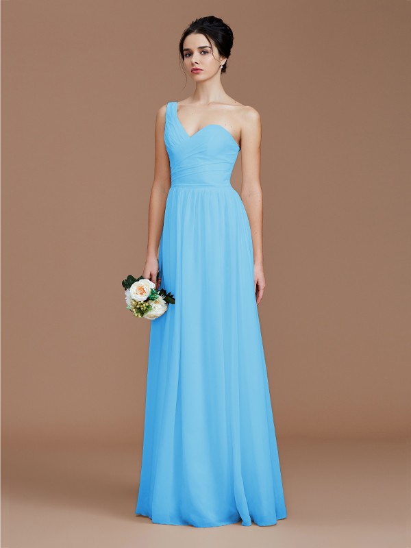 A-Line/Princess One-Shoulder Sleeveless Ruched Floor-Length Chiffon Bridesmaid Dresses 2414