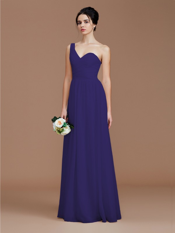 A-Line/Princess One-Shoulder Sleeveless Ruched Floor-Length Chiffon Bridesmaid Dresses 2414