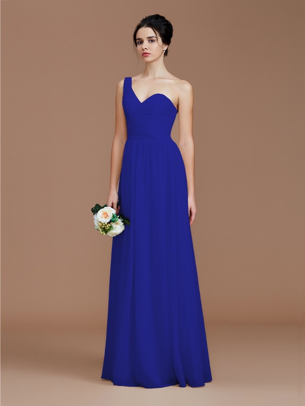 A-Line/Princess One-Shoulder Sleeveless Ruched Floor-Length Chiffon Bridesmaid Dresses 2414