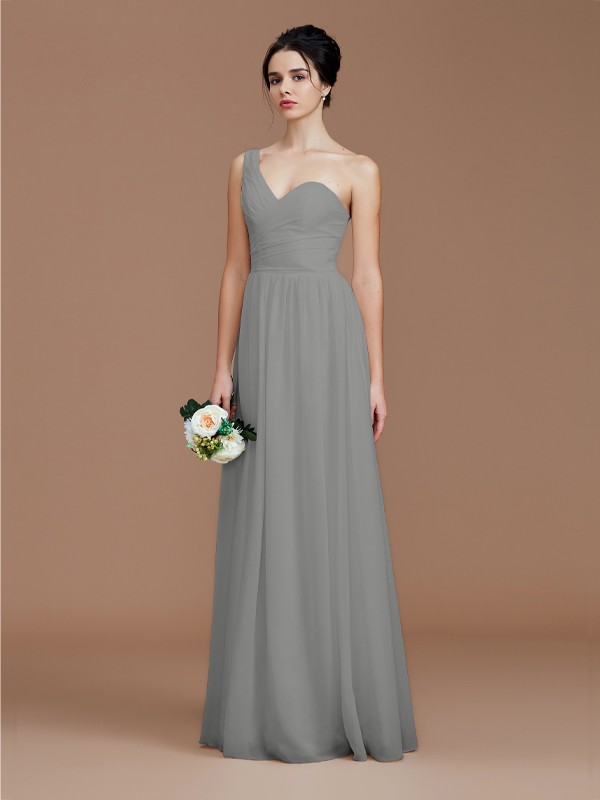 A-Line/Princess One-Shoulder Sleeveless Ruched Floor-Length Chiffon Bridesmaid Dresses 2414