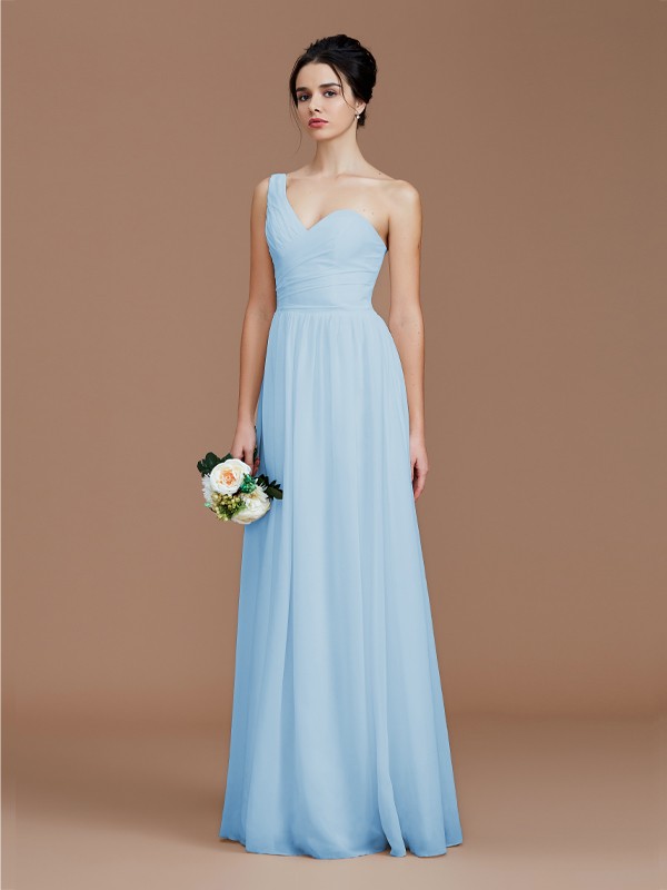 A-Line/Princess One-Shoulder Sleeveless Ruched Floor-Length Chiffon Bridesmaid Dresses 2414