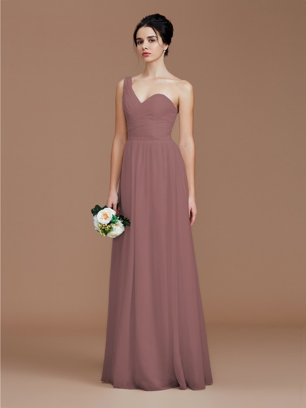 A-Line/Princess One-Shoulder Sleeveless Ruched Floor-Length Chiffon Bridesmaid Dresses 2414