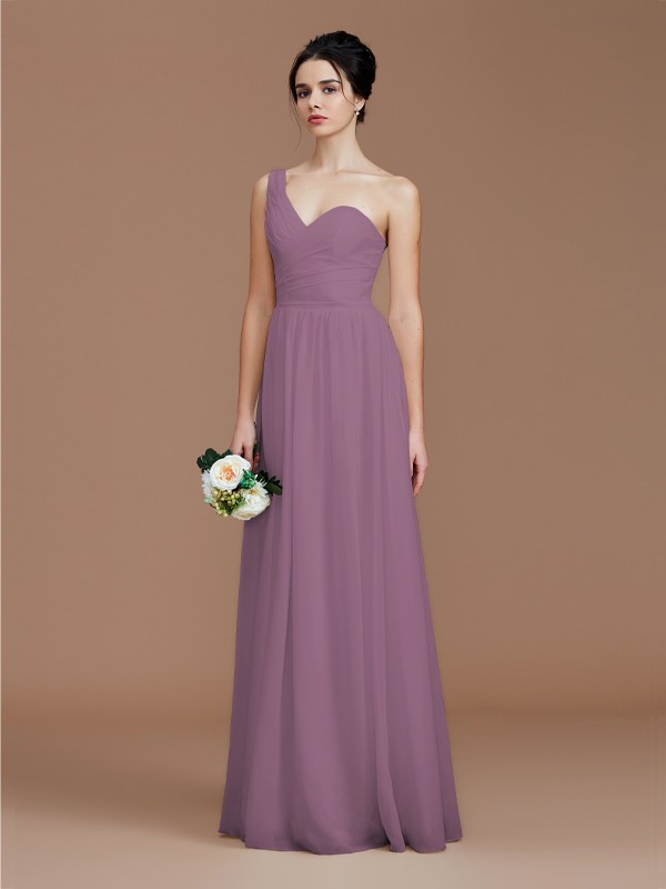 A-Line/Princess One-Shoulder Sleeveless Ruched Floor-Length Chiffon Bridesmaid Dresses 2414