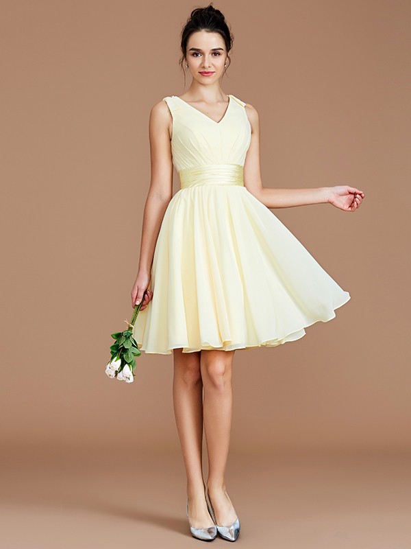 A-Line/Princess V-neck Sleeveless Sash/Ribbon/Belt Short/Mini Chiffon Bridesmaid Dresses 2856