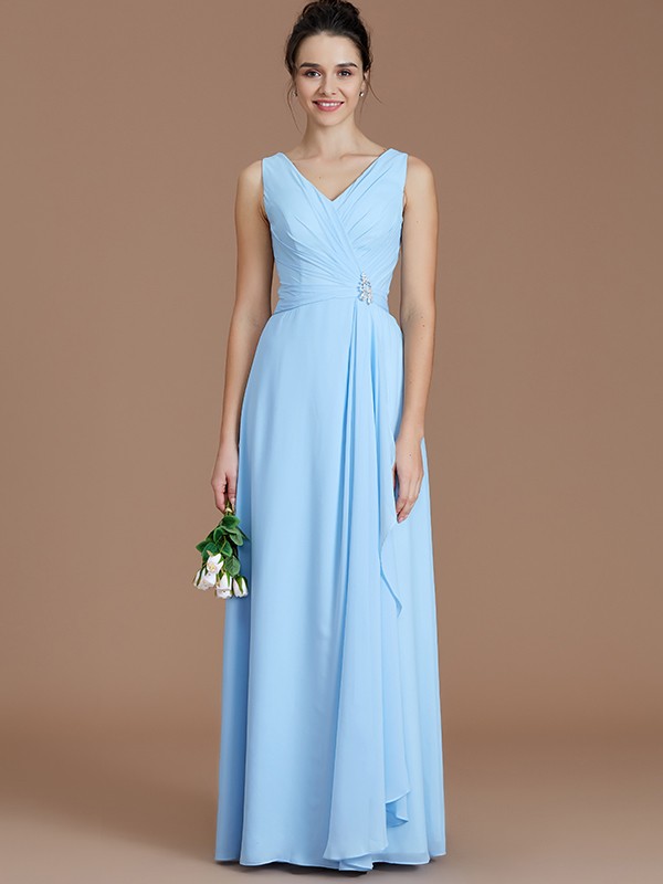 A-Line/Princess V-neck Sleeveless Ruched Floor-Length Chiffon Bridesmaid Dresses 2853