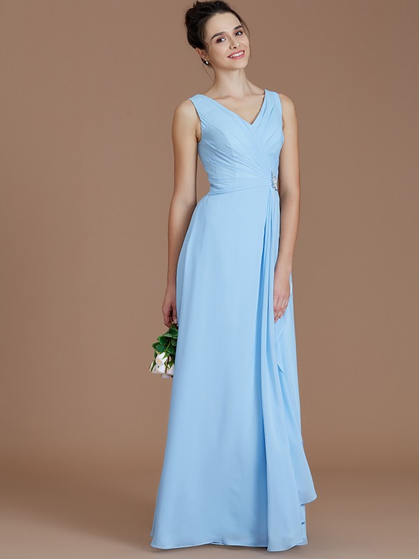 A-Line/Princess V-neck Sleeveless Ruched Floor-Length Chiffon Bridesmaid Dresses 2853