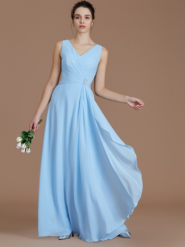 A-Line/Princess V-neck Sleeveless Ruched Floor-Length Chiffon Bridesmaid Dresses 2853