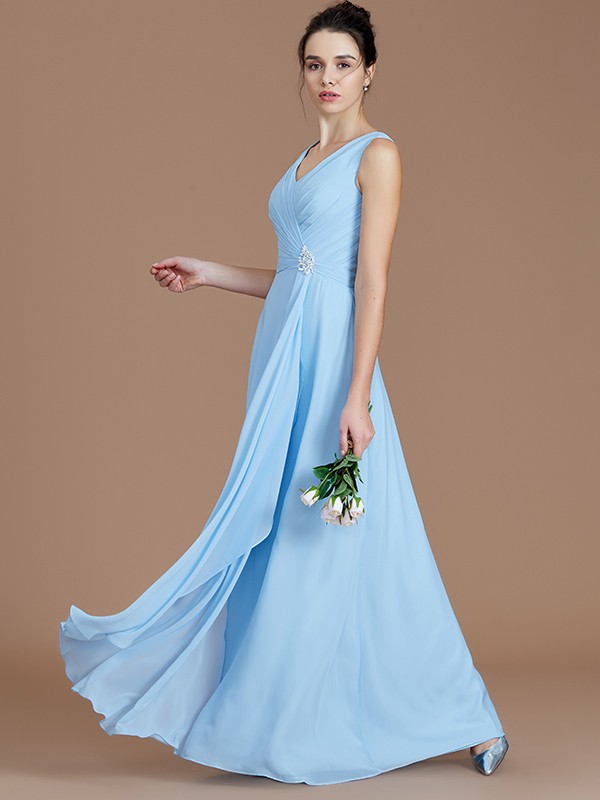 A-Line/Princess V-neck Sleeveless Ruched Floor-Length Chiffon Bridesmaid Dresses 2853