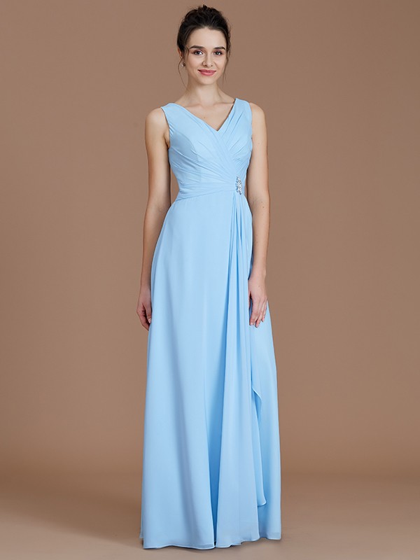 A-Line/Princess V-neck Sleeveless Ruched Floor-Length Chiffon Bridesmaid Dresses 2853