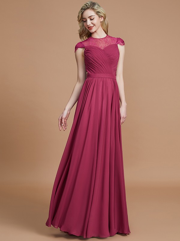 A-Line/Princess Scoop Short Sleeves Chiffon Floor-Length Bridesmaid Dresses 2450