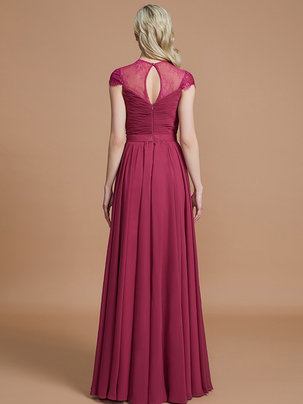 A-Line/Princess Scoop Short Sleeves Chiffon Floor-Length Bridesmaid Dresses 2450