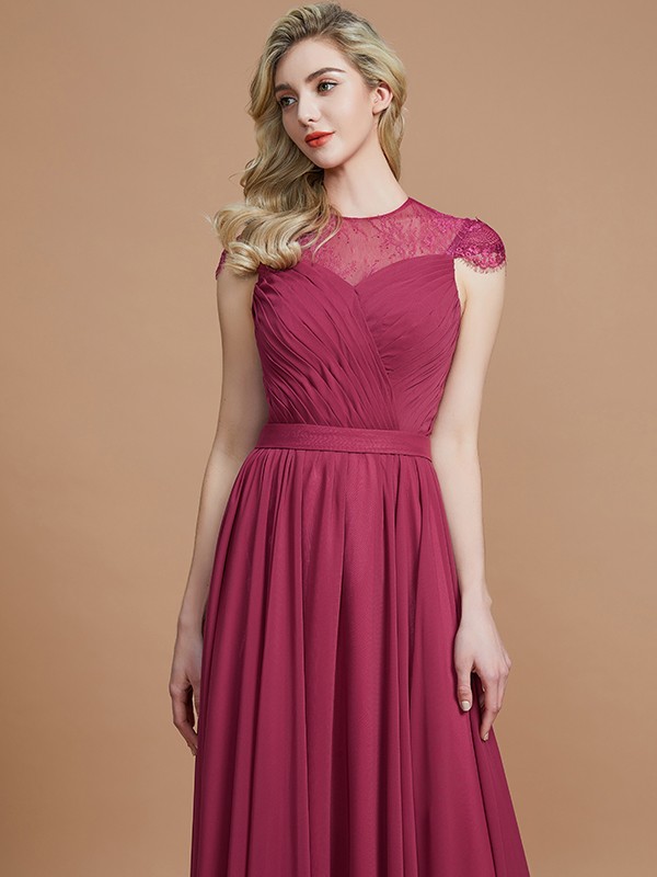 A-Line/Princess Scoop Short Sleeves Chiffon Floor-Length Bridesmaid Dresses 2450