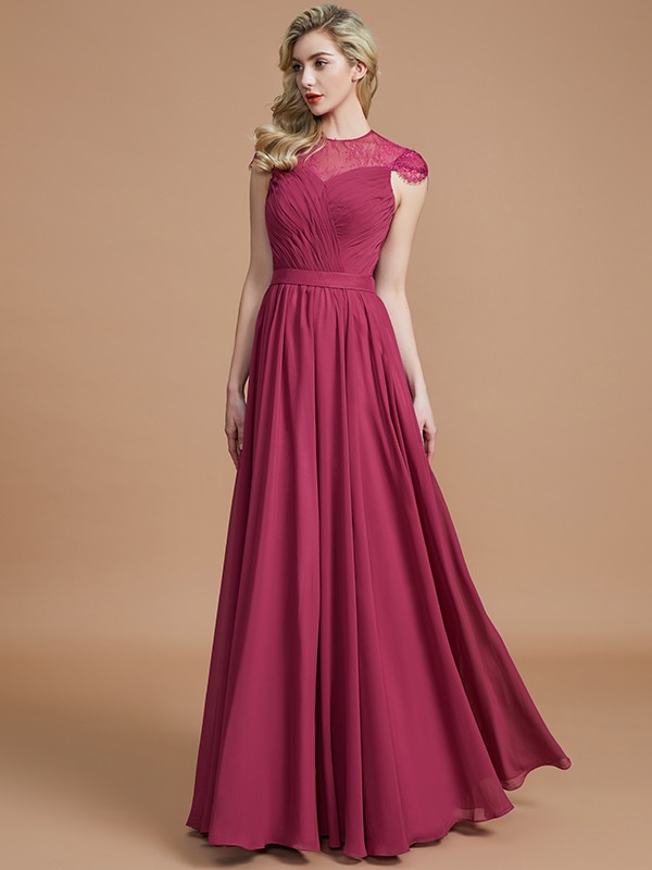 A-Line/Princess Scoop Short Sleeves Chiffon Floor-Length Bridesmaid Dresses 2450