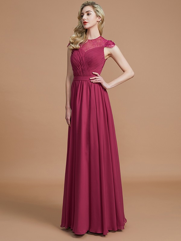 A-Line/Princess Scoop Short Sleeves Chiffon Floor-Length Bridesmaid Dresses 2450