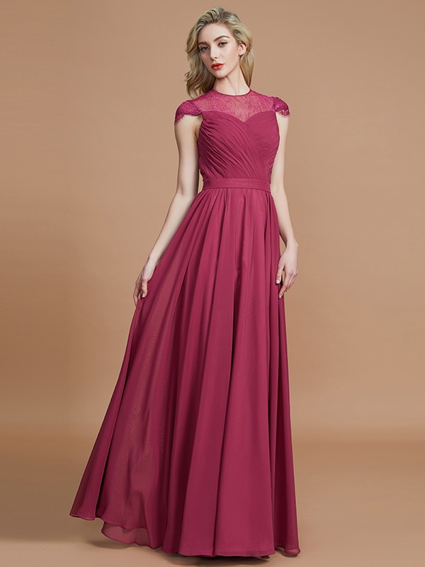 A-Line/Princess Scoop Short Sleeves Chiffon Floor-Length Bridesmaid Dresses 2450