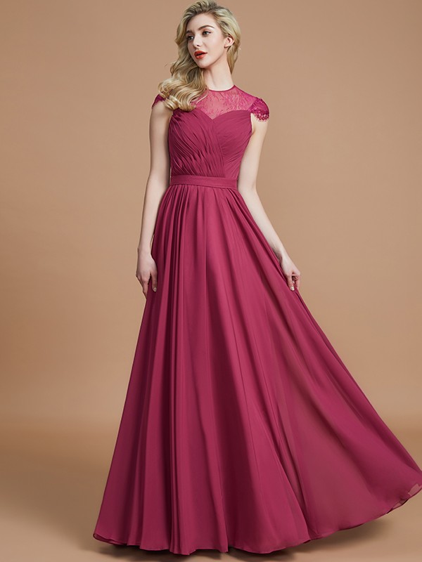 A-Line/Princess Scoop Short Sleeves Chiffon Floor-Length Bridesmaid Dresses 2450