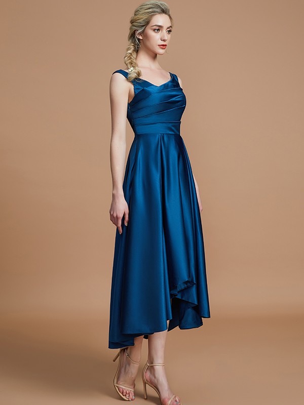 A-Line/Princess V-neck Satin Asymmetrical Sleeveless Bridesmaid Dresses 2815