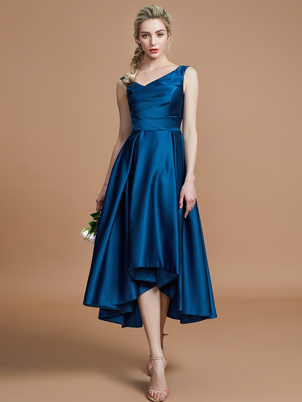 A-Line/Princess V-neck Satin Asymmetrical Sleeveless Bridesmaid Dresses 2815