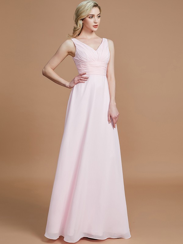 A-Line/Princess Sleeveless Floor-Length Chiffon V-neck Bridesmaid Dresses 2505