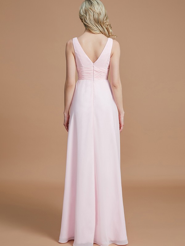 A-Line/Princess Sleeveless Floor-Length Chiffon V-neck Bridesmaid Dresses 2505