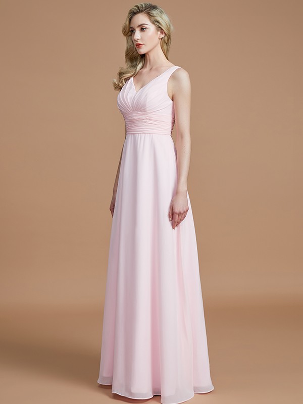 A-Line/Princess Sleeveless Floor-Length Chiffon V-neck Bridesmaid Dresses 2505