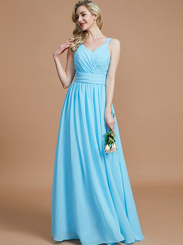 A-Line/Princess V-neck Chiffon Floor-Length Sleeveless Bridesmaid Dresses 2786