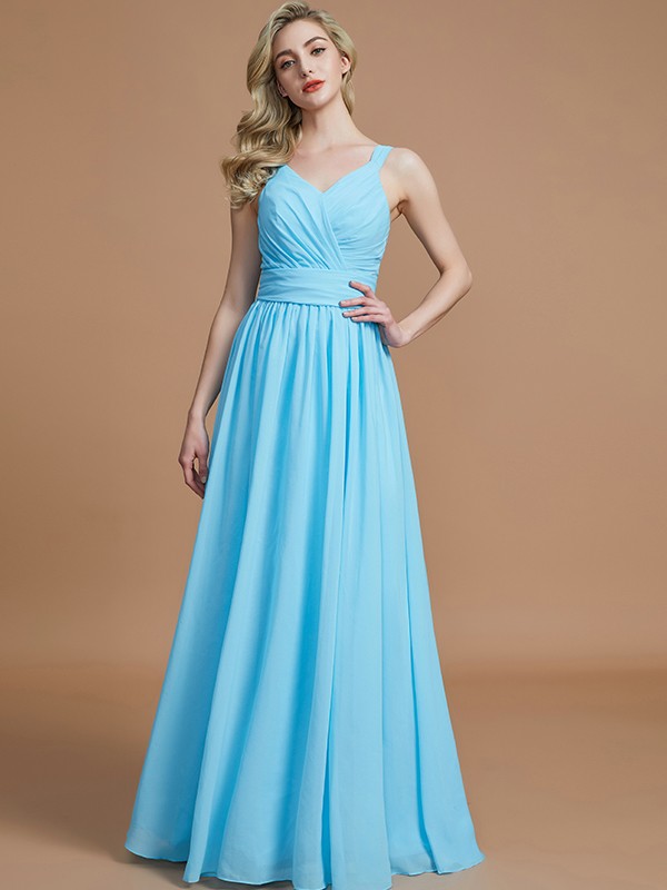 A-Line/Princess V-neck Chiffon Floor-Length Sleeveless Bridesmaid Dresses 2786