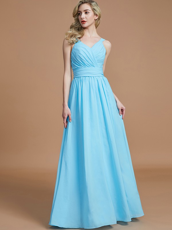 A-Line/Princess V-neck Chiffon Floor-Length Sleeveless Bridesmaid Dresses 2786