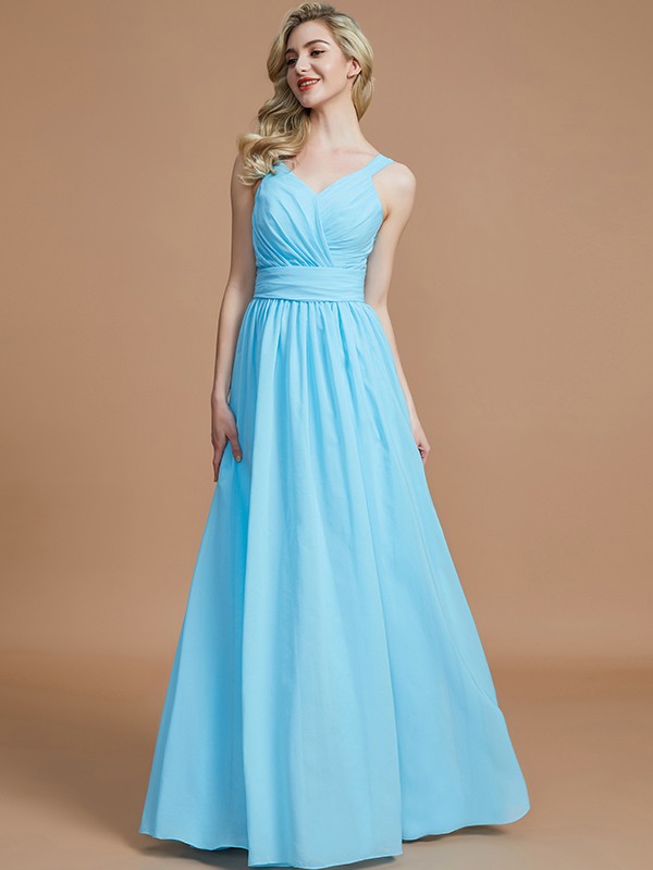 A-Line/Princess V-neck Chiffon Floor-Length Sleeveless Bridesmaid Dresses 2786