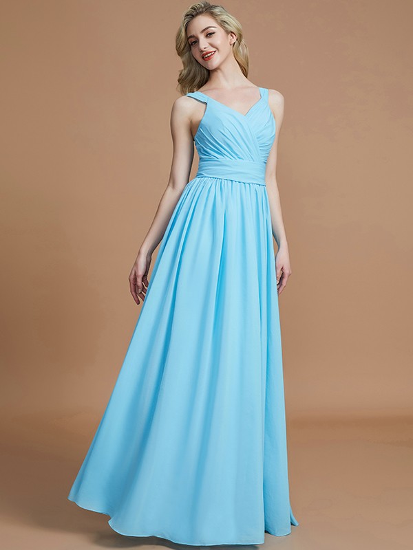 A-Line/Princess V-neck Chiffon Floor-Length Sleeveless Bridesmaid Dresses 2786