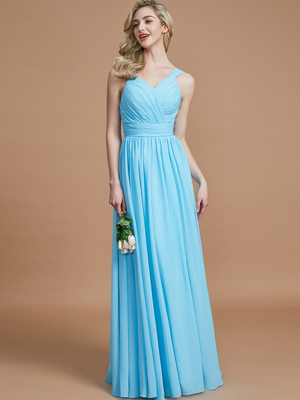 A-Line/Princess V-neck Chiffon Floor-Length Sleeveless Bridesmaid Dresses 2786