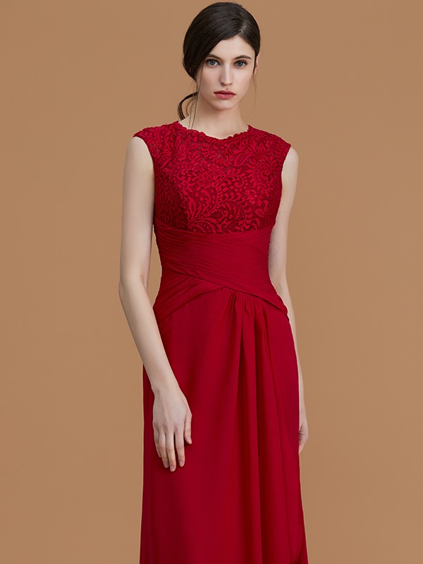 Sheath/Column Jewel Sleeveless Floor-Length Lace Chiffon Bridesmaid Dresses 2972