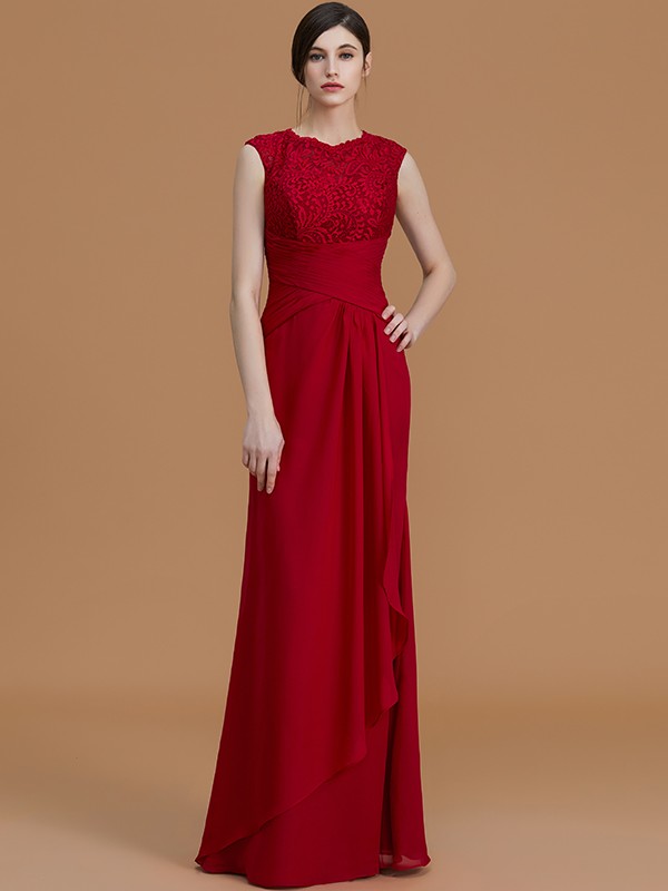 Sheath/Column Jewel Sleeveless Floor-Length Lace Chiffon Bridesmaid Dresses 2972